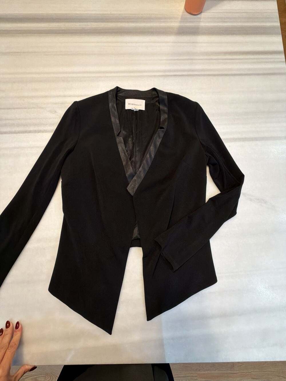 BCBGeneration Blazer Size M Black Faux Leather Trim Open Front Asymmetrical